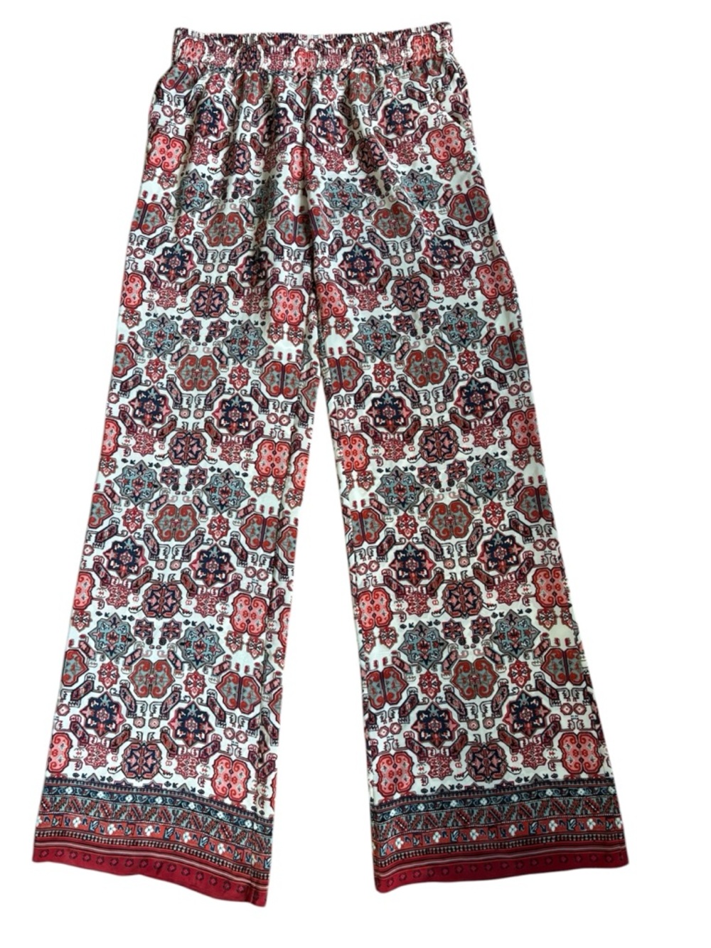 Women's small Boho print wide leg pant in red, white and blue silk.